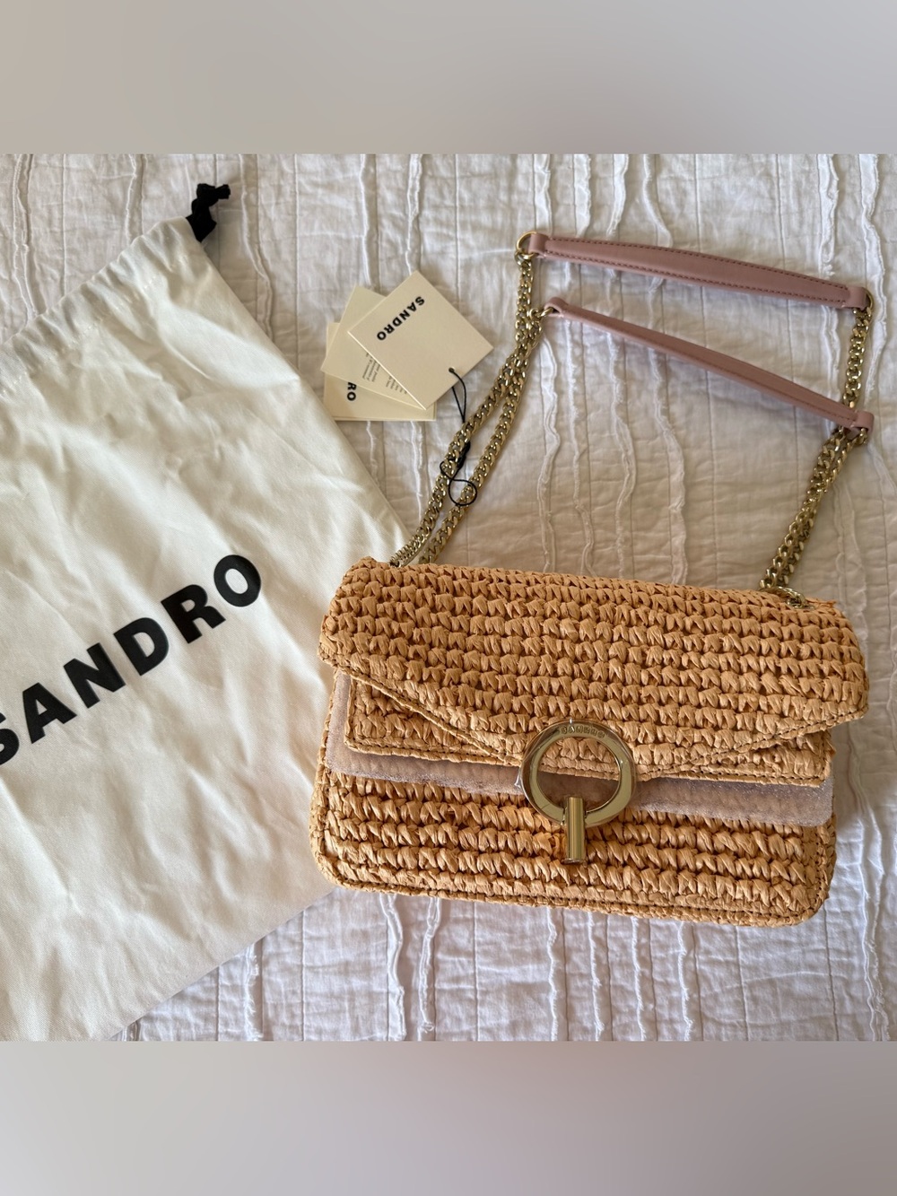 Sandro Yza Woven Straw Shoulder Crossbody Bag with Pink Leather Strap NWT